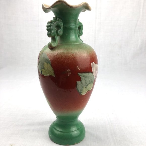 Vintage Moriage Floral Ceramic Vase - Green/Orange/Purple BOHO 10” Tall - Picture 8 of 16